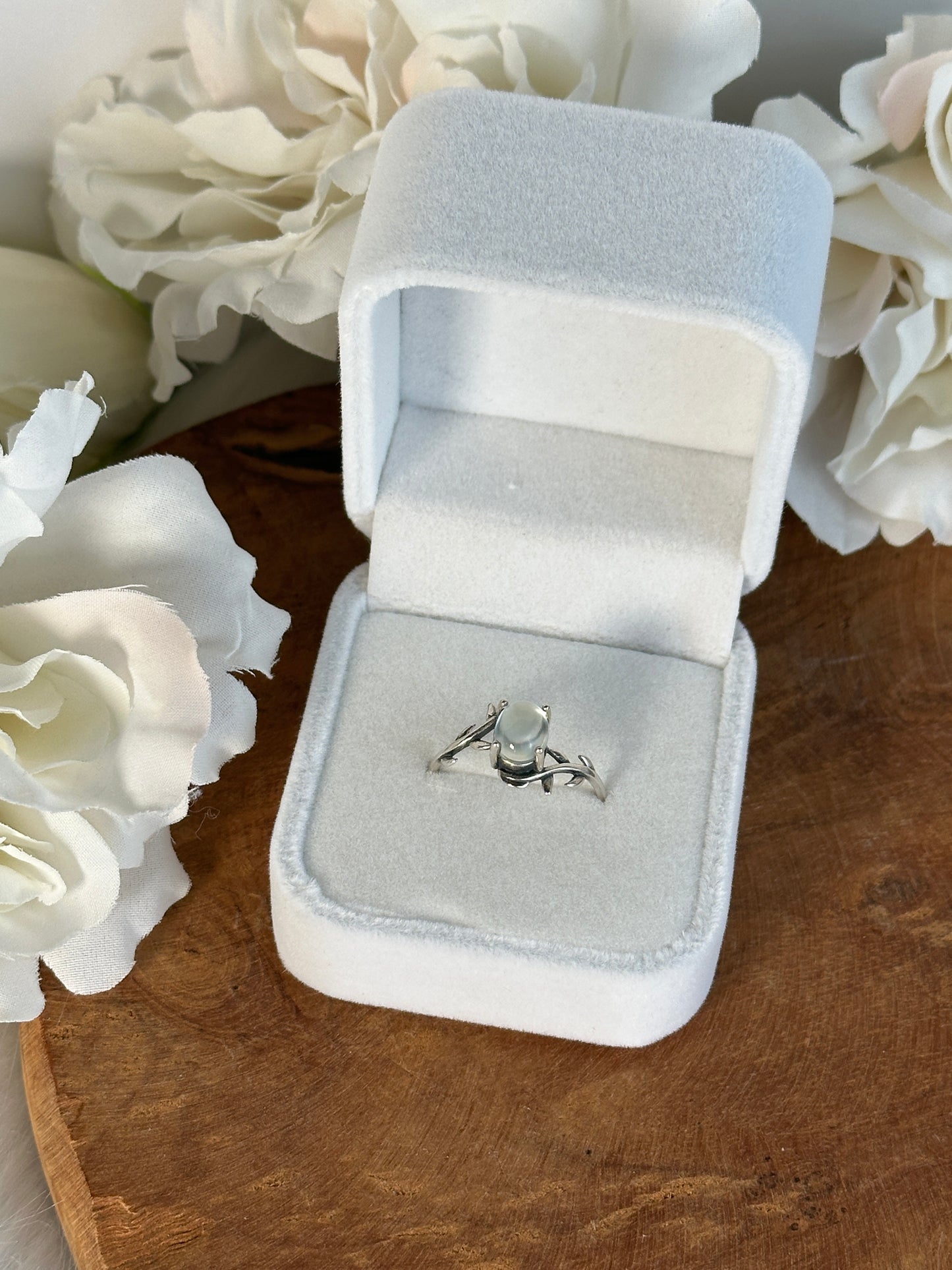925 Silber größenverstellbarer Prehnit Ring FX34