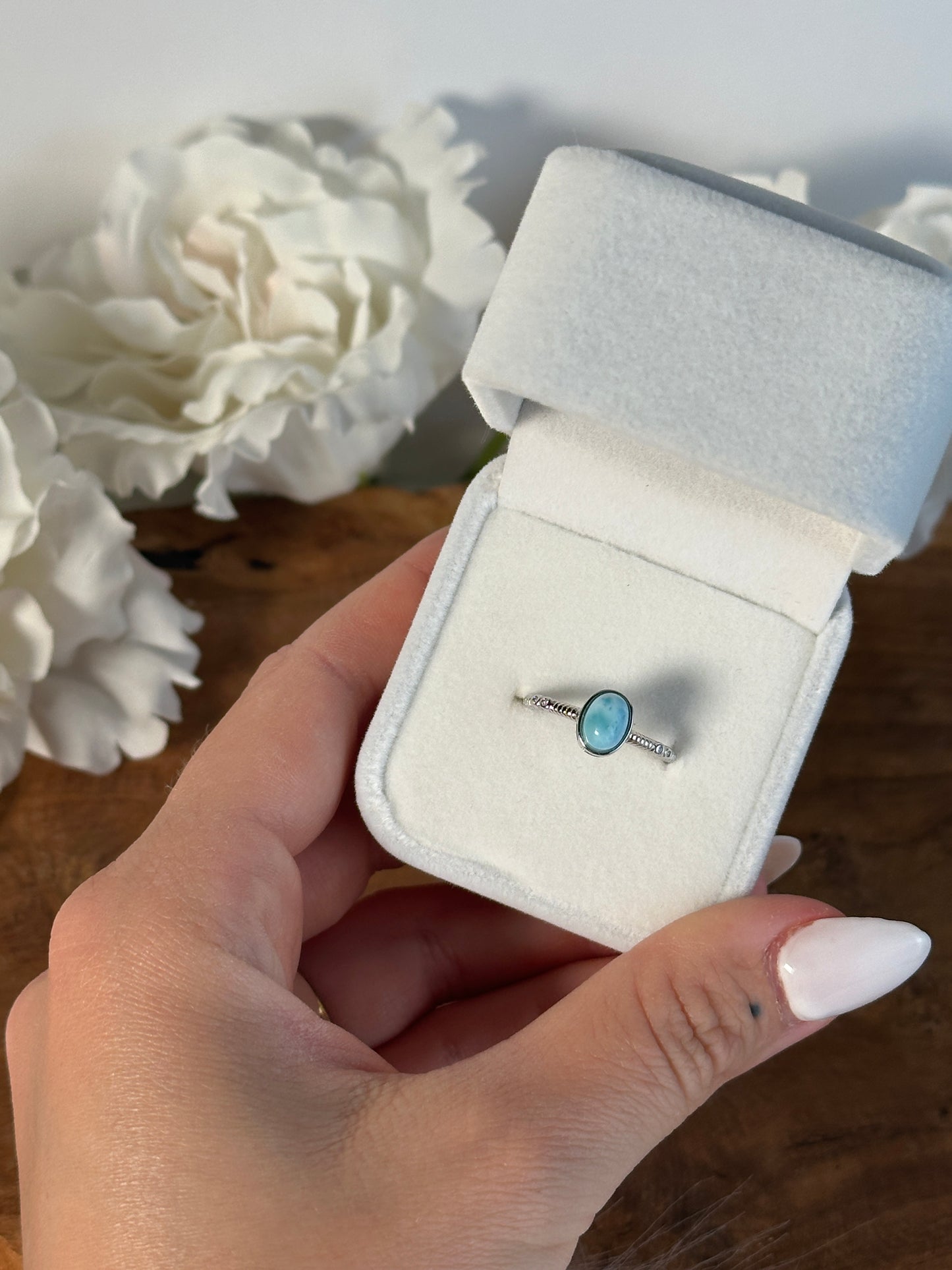 925 Silber größenverstellbarer Larimar Ring OX34