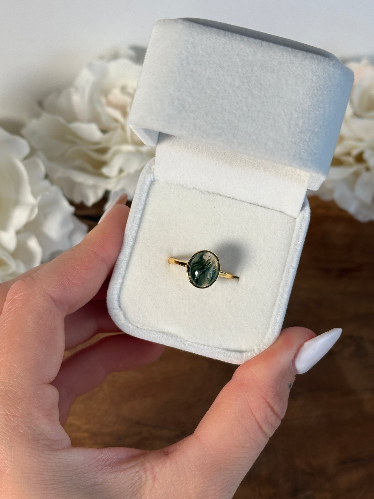 925 Silber vergoldet größenverstellbarer Moosachat Ring TX34