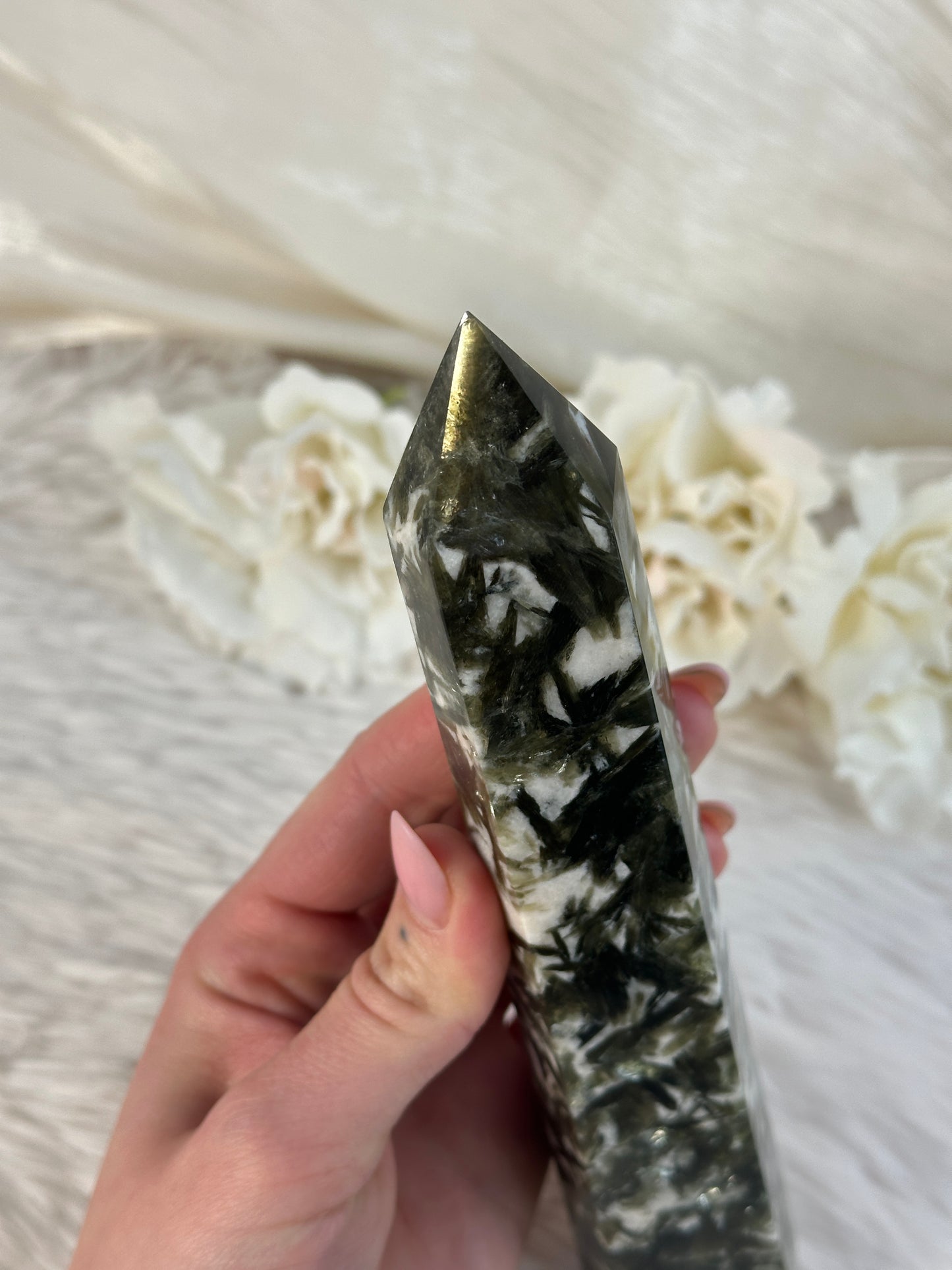 Grüner Gem Lepidolith in Quarz Turm XV61