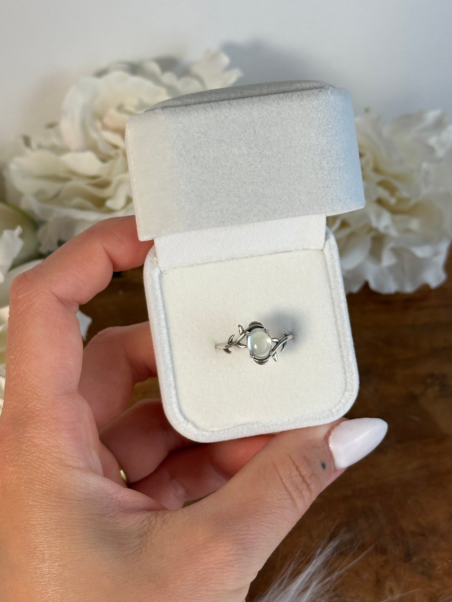 925 Silber größenverstellbarer Prehnit Ring FX34