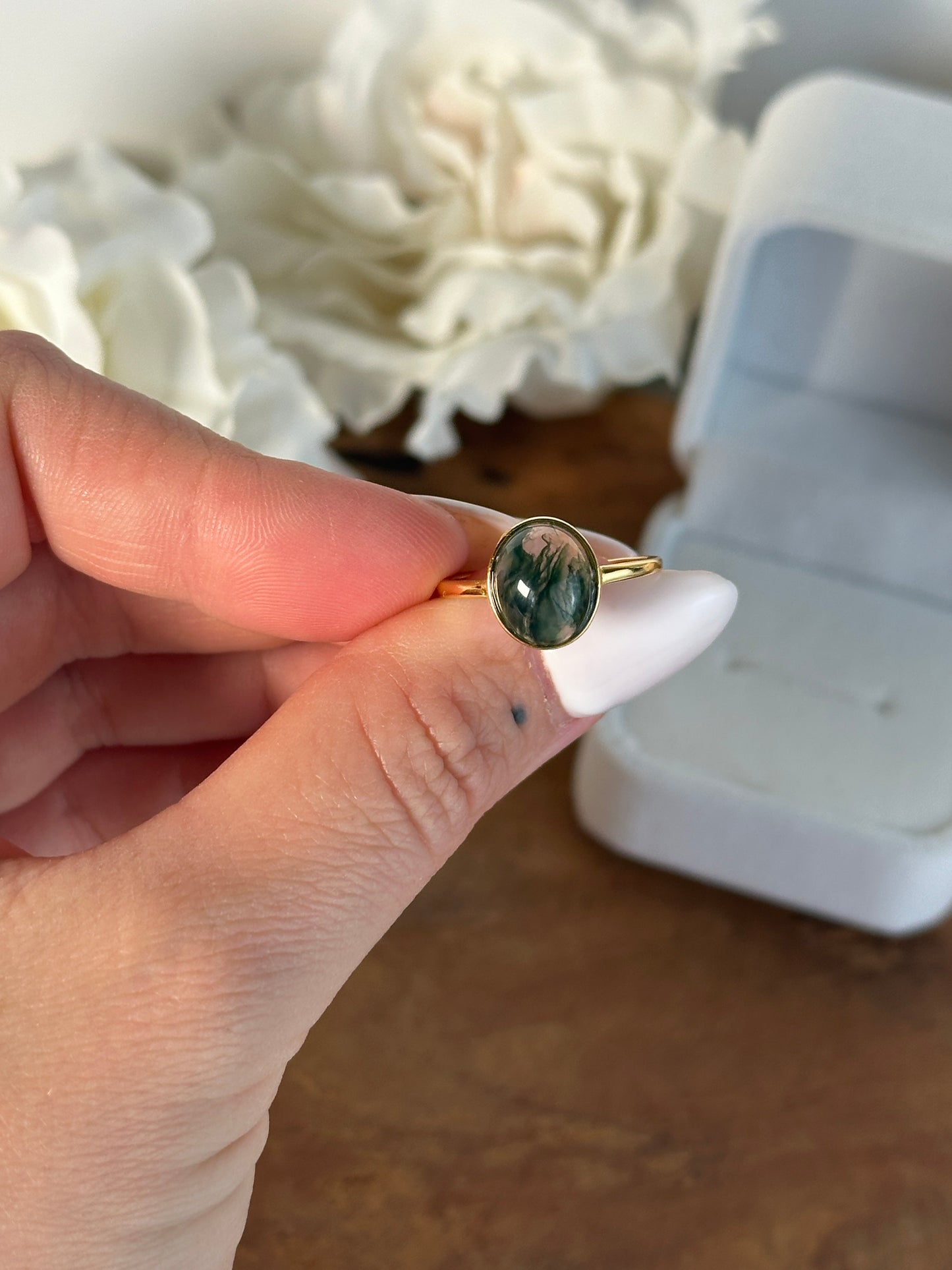 925 Silber vergoldet größenverstellbarer Moosachat Ring TX34