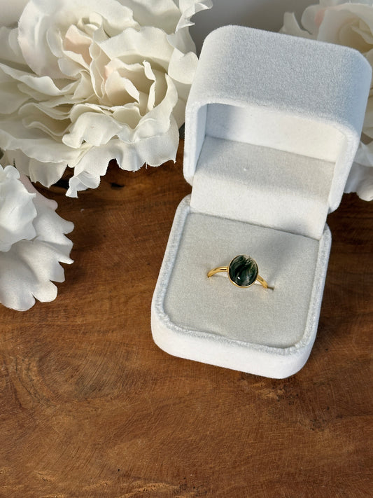 925 Silber vergoldet größenverstellbarer Moosachat Ring TX34